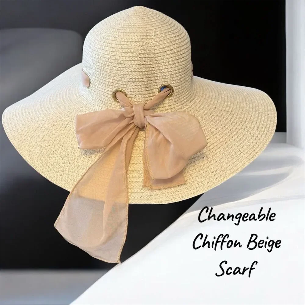 Amazon Women's Ivory Wide Brim Sun Hat w/ Changeable Scarf Medium